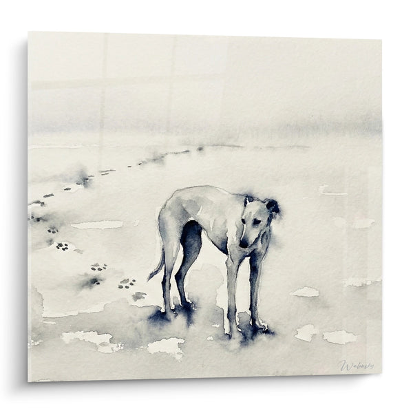 Cuadro de Lebrel en Acuarela en la Nieve - Huellas Solitarias - Edición Lebrel Greyhound