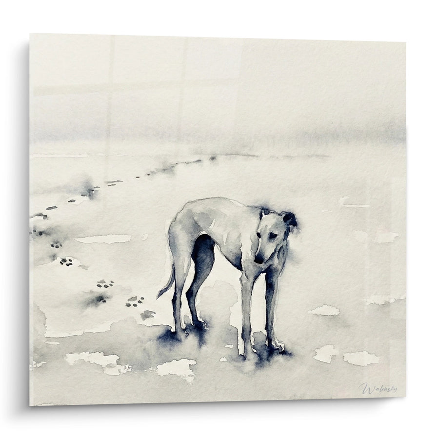Windhund-Aquarell im Schnee - Einsame Spuren - Windhund-Greyhound-Edition