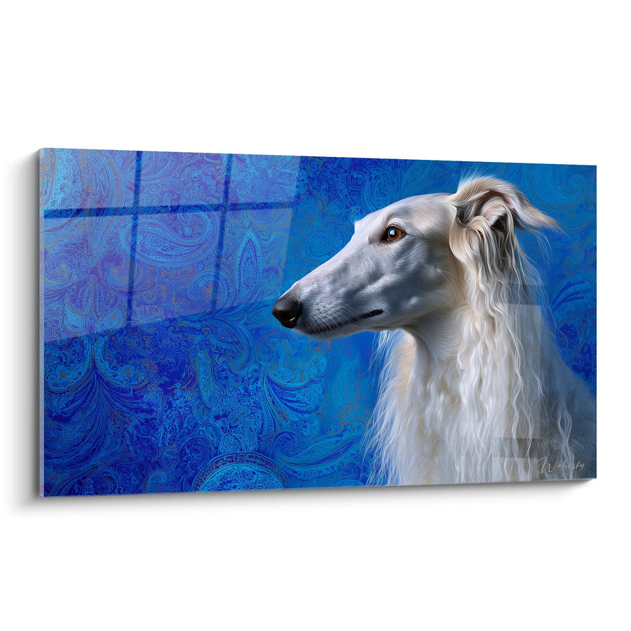 Tableau Lévrier Blanc Fond Bleu Paisley - Portrait Noble - Edition Barzoi