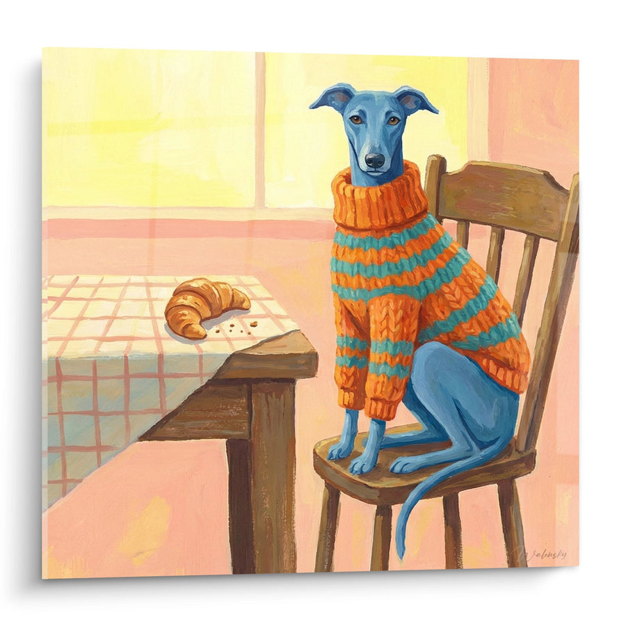 Kunstdruck Blauer Windhund in Orange-Pullover am Tisch - Frühstückszeit am Morgen - Greyhound Edition