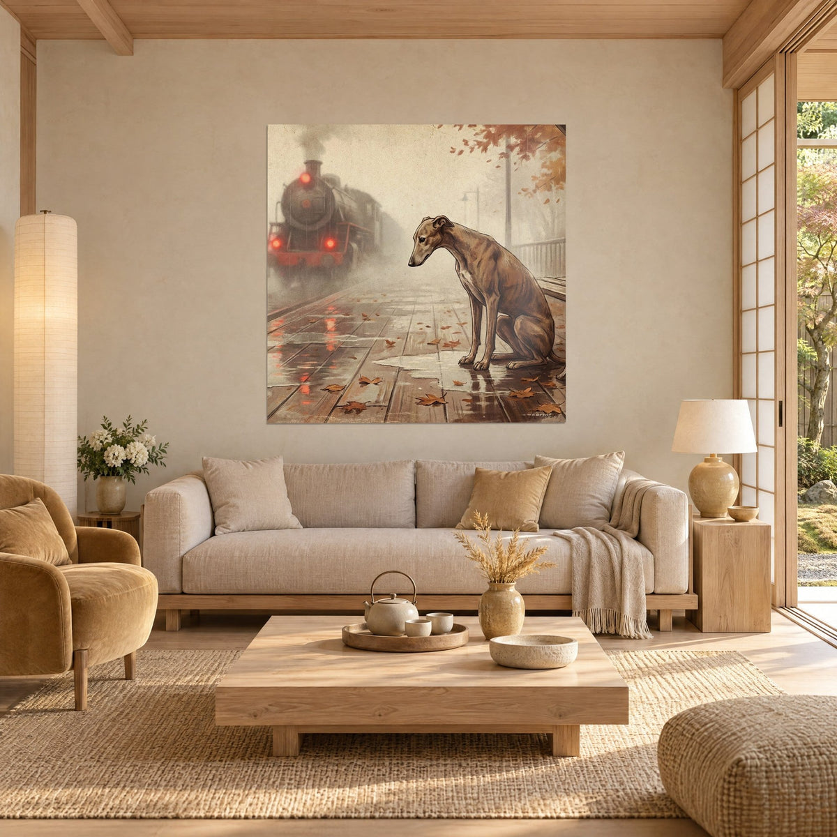 Wall art brindle greyhound sitting on a wet platform, red locomotive in beige mist, above a sofa in a bright living room