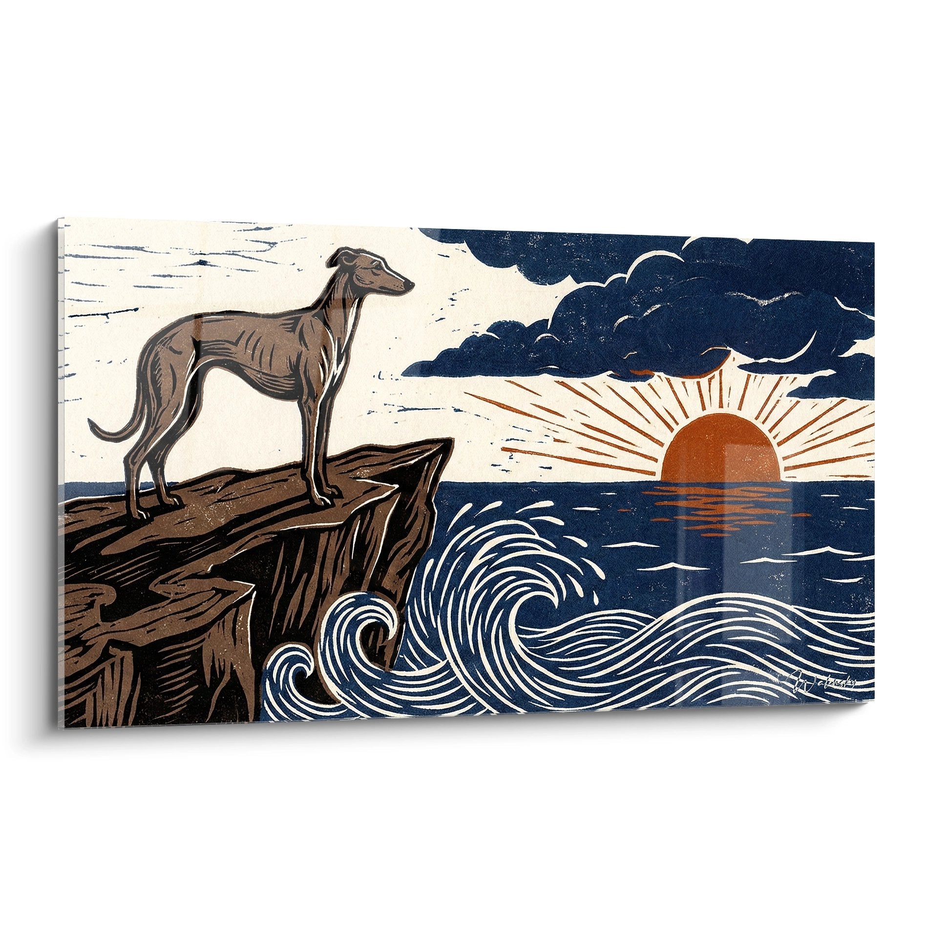 Tableau levrier greyhound contemplant ocean depuis falaise au coucher soleil style estampe