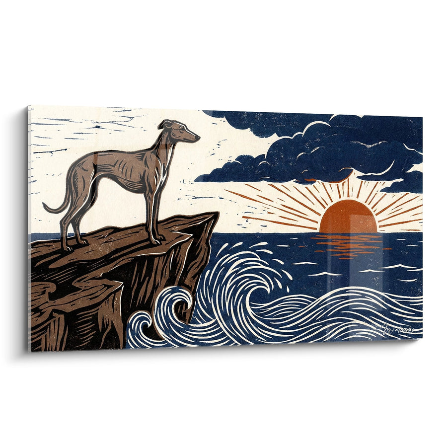 Tableau Lévrier sur Falaise au Coucher de Soleil - Contemplation Marine - Edition Lévrier Greyhound