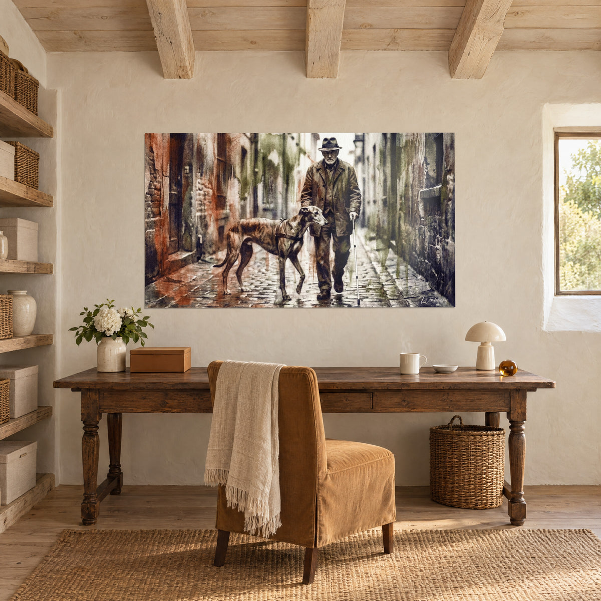 Cuadro silueta de un ciego con bastón blanco guiado por su galgo, coladas verde oliva y terracota, en la pared de madera de un despacho