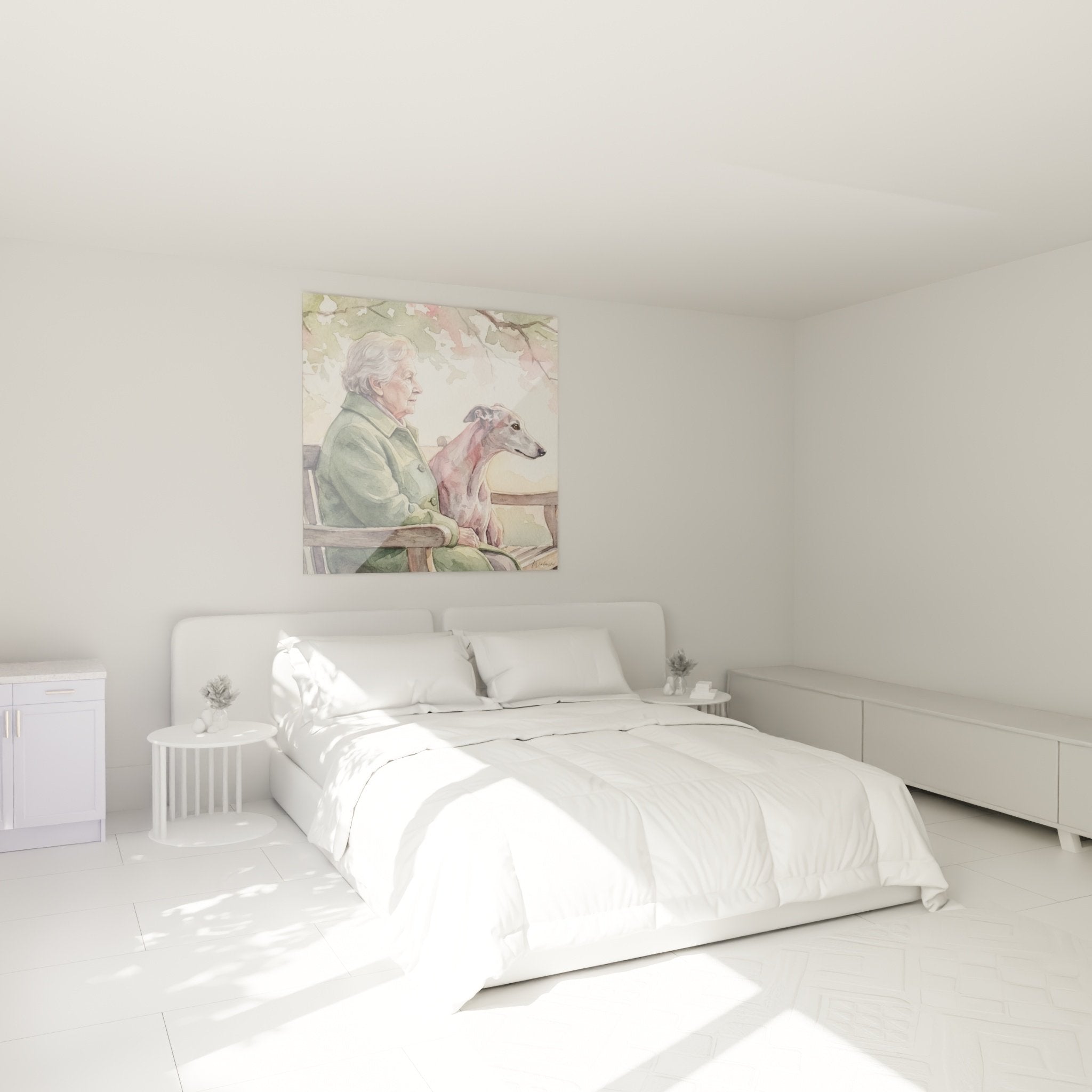 Tableau aquarelle lévrier greyhound et dame dans chambre ambiance cosy