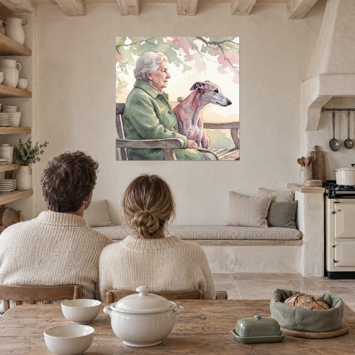 Schilderij van een portret van een oudere dame in profiel met haar grijsroze renhond, houten bankje, zacht groen gebladerte, stenen eetkamer