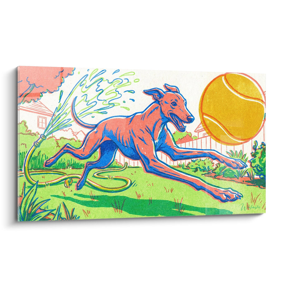 Tableau Lévrier en Course avec Ballon de Tennis - Énergie Canine - Edition Lévrier Greyhound