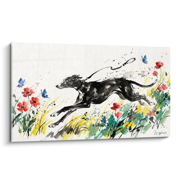 Quadro Levriero Nero in Corsa in Prato Fiorito - Slancio Selvaggio - Edizione Levriero Greyhound