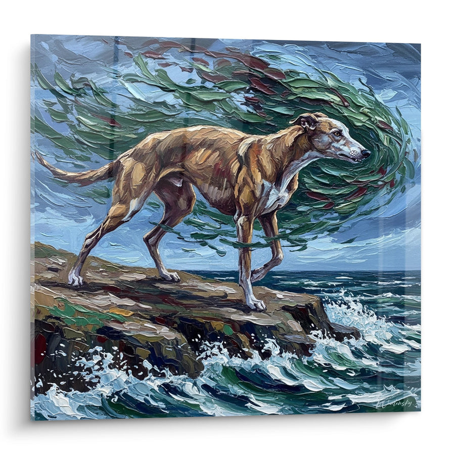 Gemälde Brauner Windhund auf Meeresklippe - Wilde Eleganz - Edition Greyhound