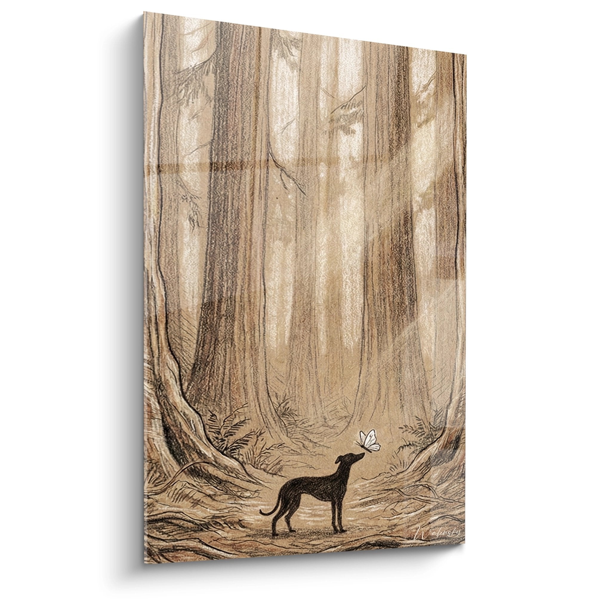 Tableau levrier greyhound noir silhouette foret doree tons sepia ambiance mystique nature