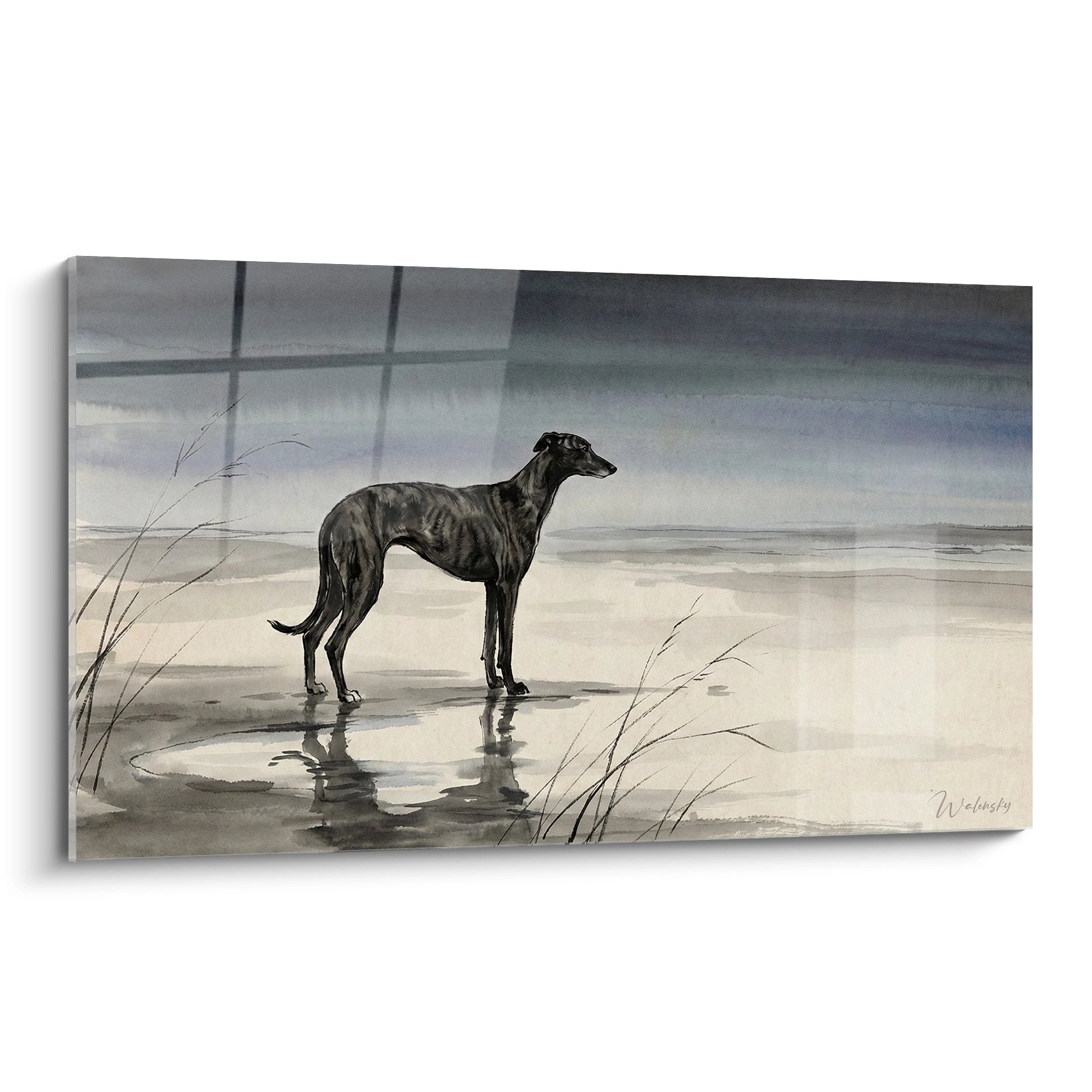 Tableau lévrier greyhound noir sur plage grise - art canin contemplatif tons monochromes