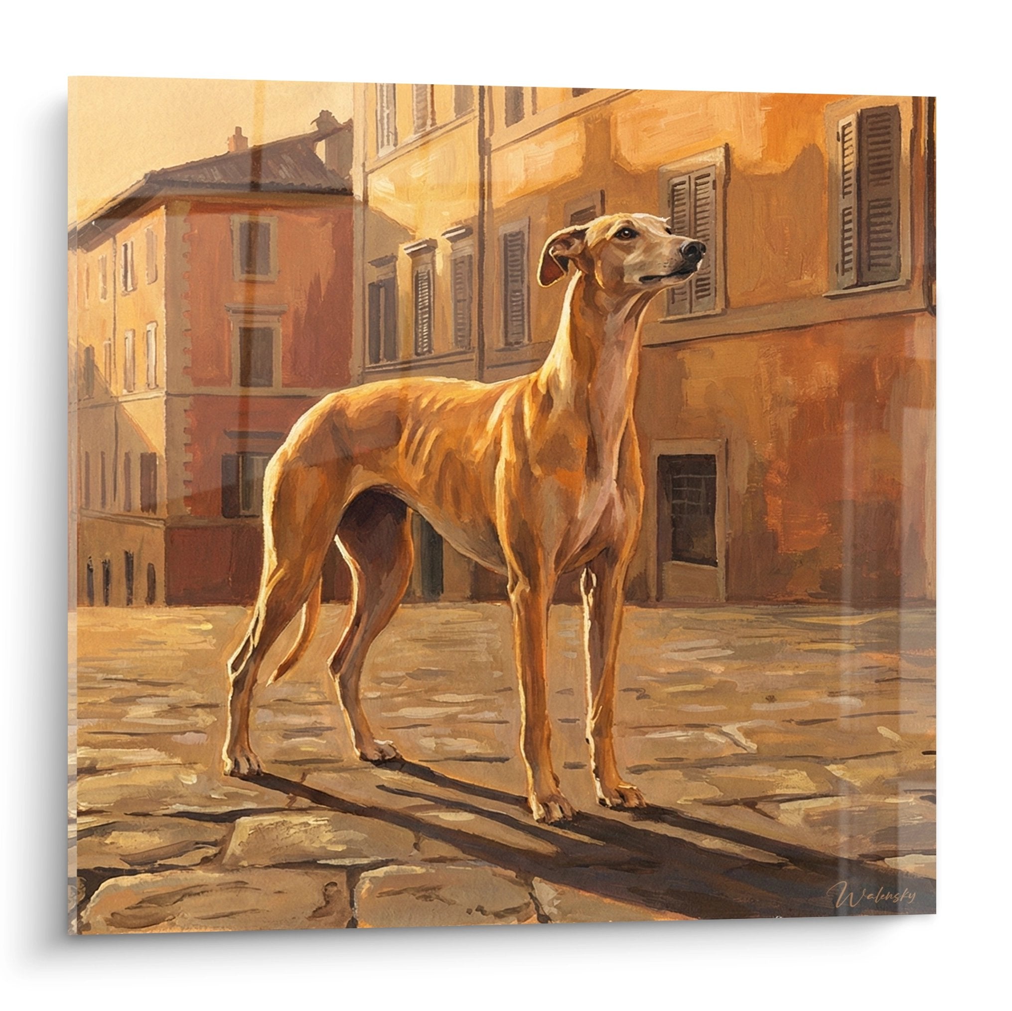 Tableau lévrier greyhound doré dans ruelle italienne pavée aux tons ocre et orangés