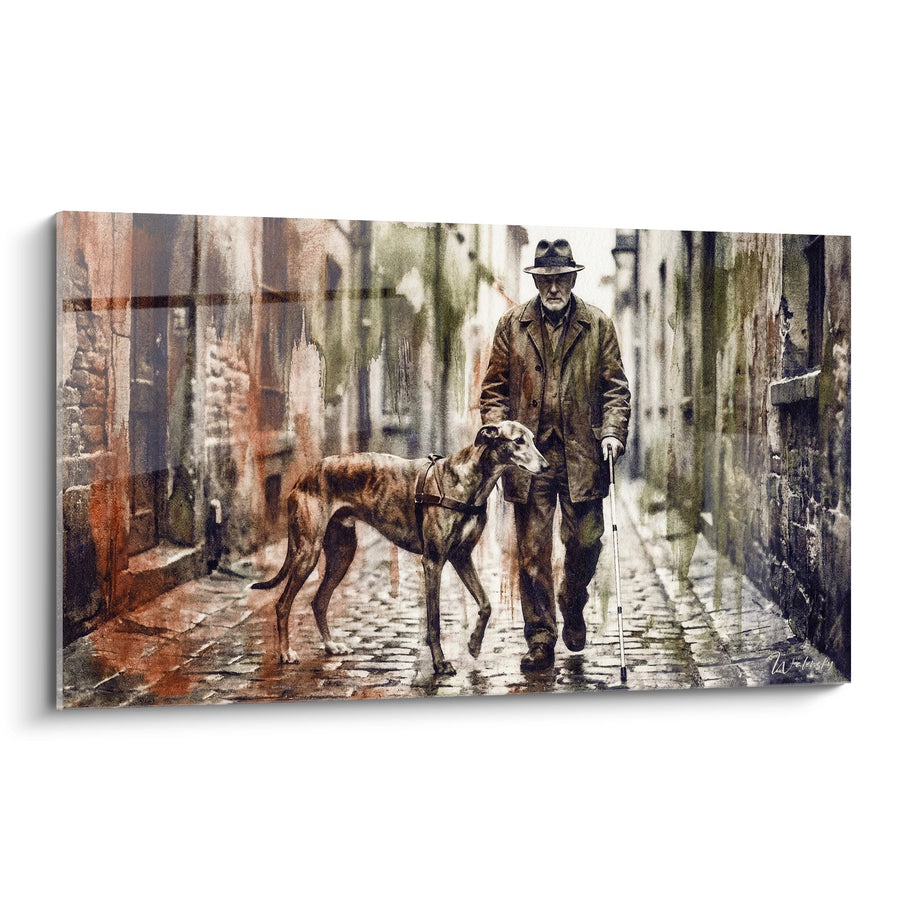 Tableau Homme et Lévrier dans Ruelle Pavée - Complicité Urbaine - Edition Lévrier Greyhound