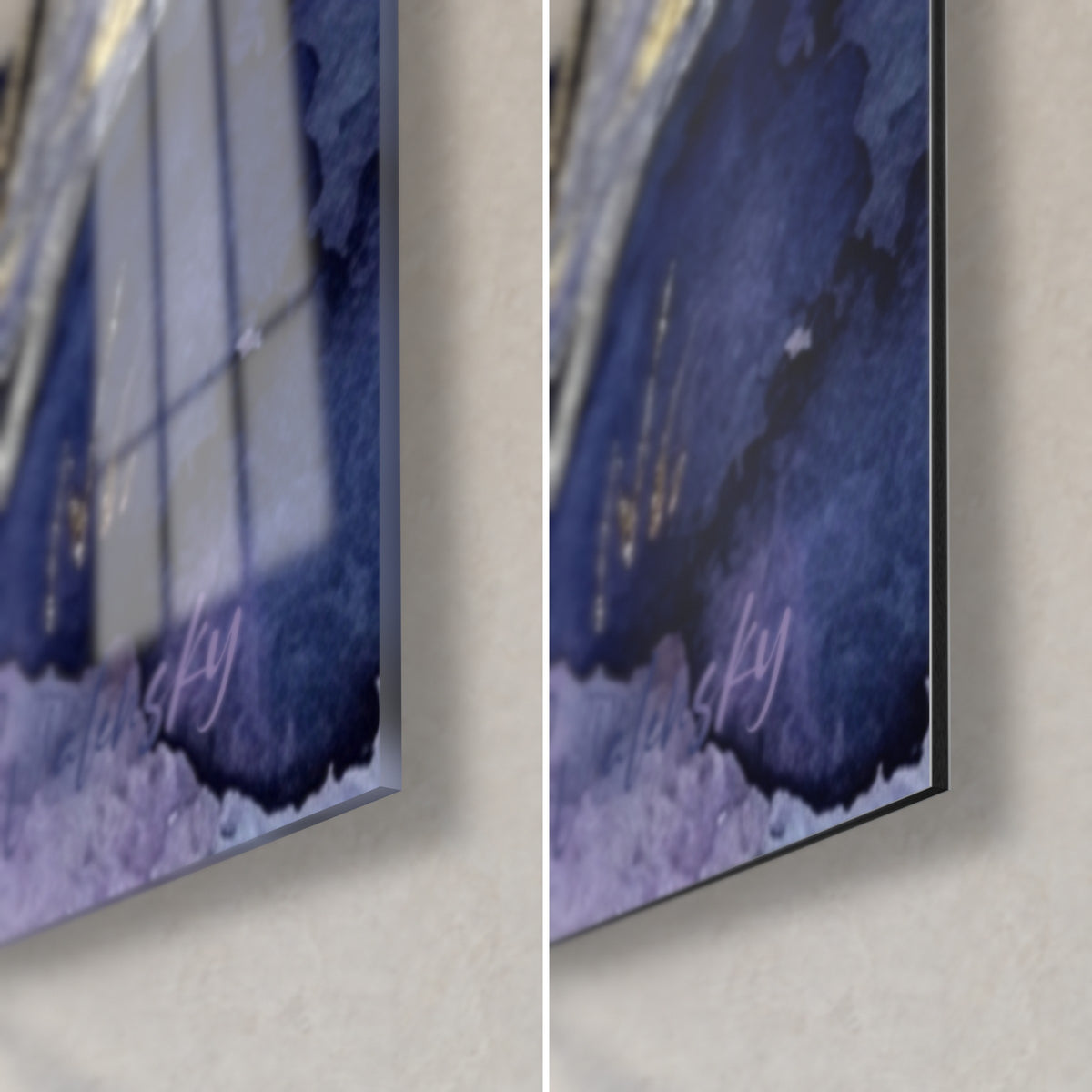 Cuadro de un galgo blanco, esquina inferior derecha: cristal acrílico brillante con reflejos a la izquierda, aluminio Dibond mate a la derecha, canto de 3 mm