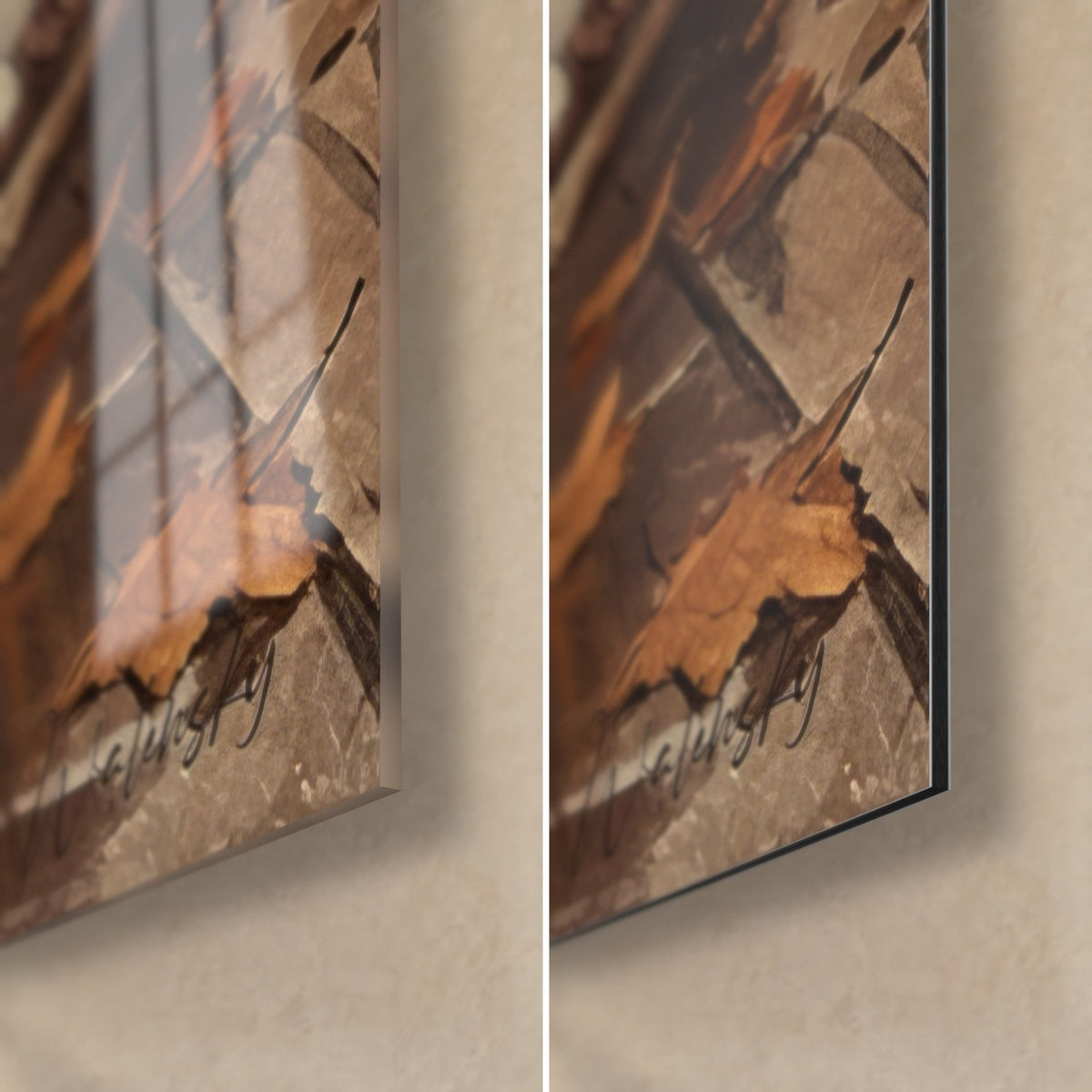Wall art greyhound with copper-brown flanks, orange maple leaf on grey planks, glossy glass and matte Dibond, 3 mm thick