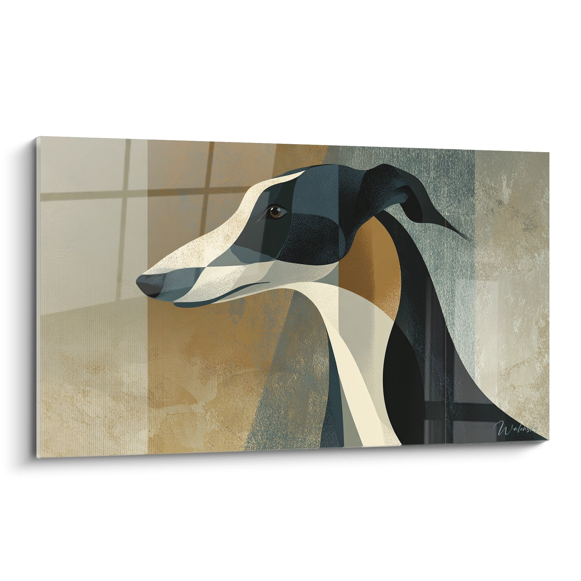 Tableau moderne portrait de lévrier saluki aux formes géométriques bleu-gris et ocre sur toile