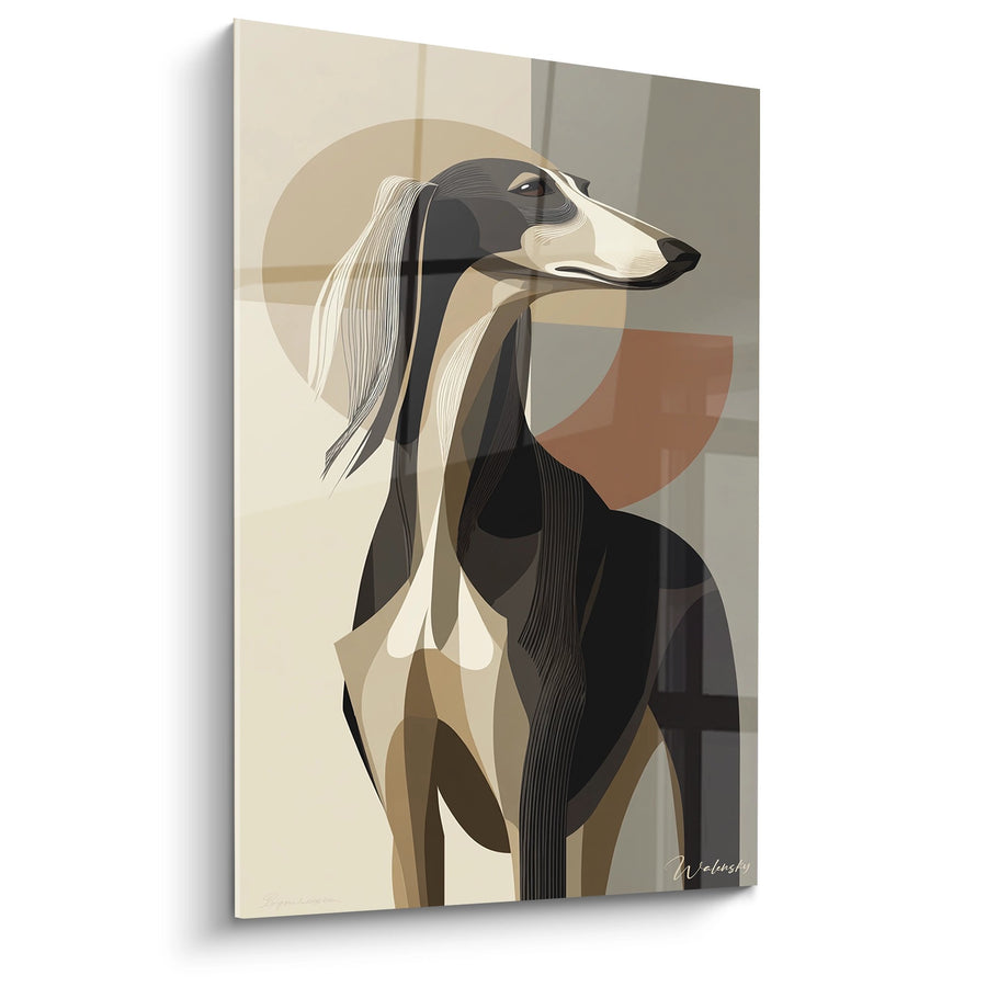 Tableau Lévrier Stylisé aux Tons Beiges et Noirs - Portrait Géométrique - Edition Saluki