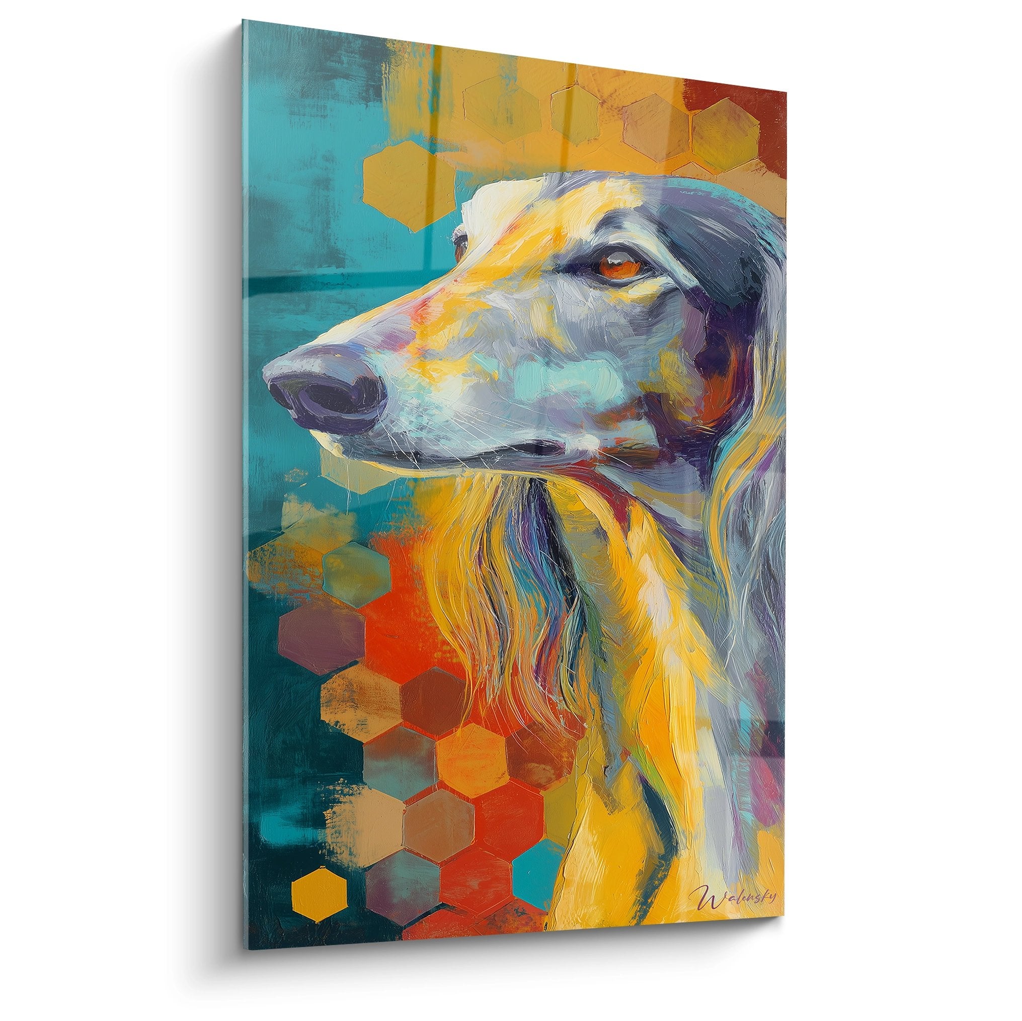Portrait artistique de lévrier Saluki aux couleurs vives turquoise et orange avec motifs hexagonaux dorés
