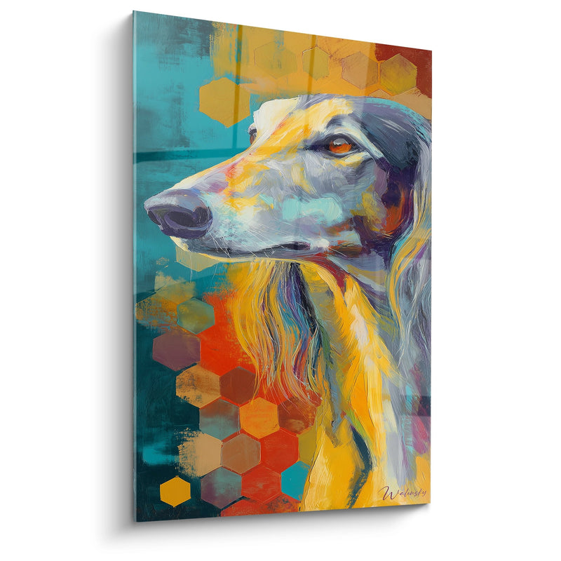 Windhund-Gemälde mit lebhaften Farben und Sechskant-Motiven - Zeitgenössisches künstlerisches Porträt - Saluki Edition