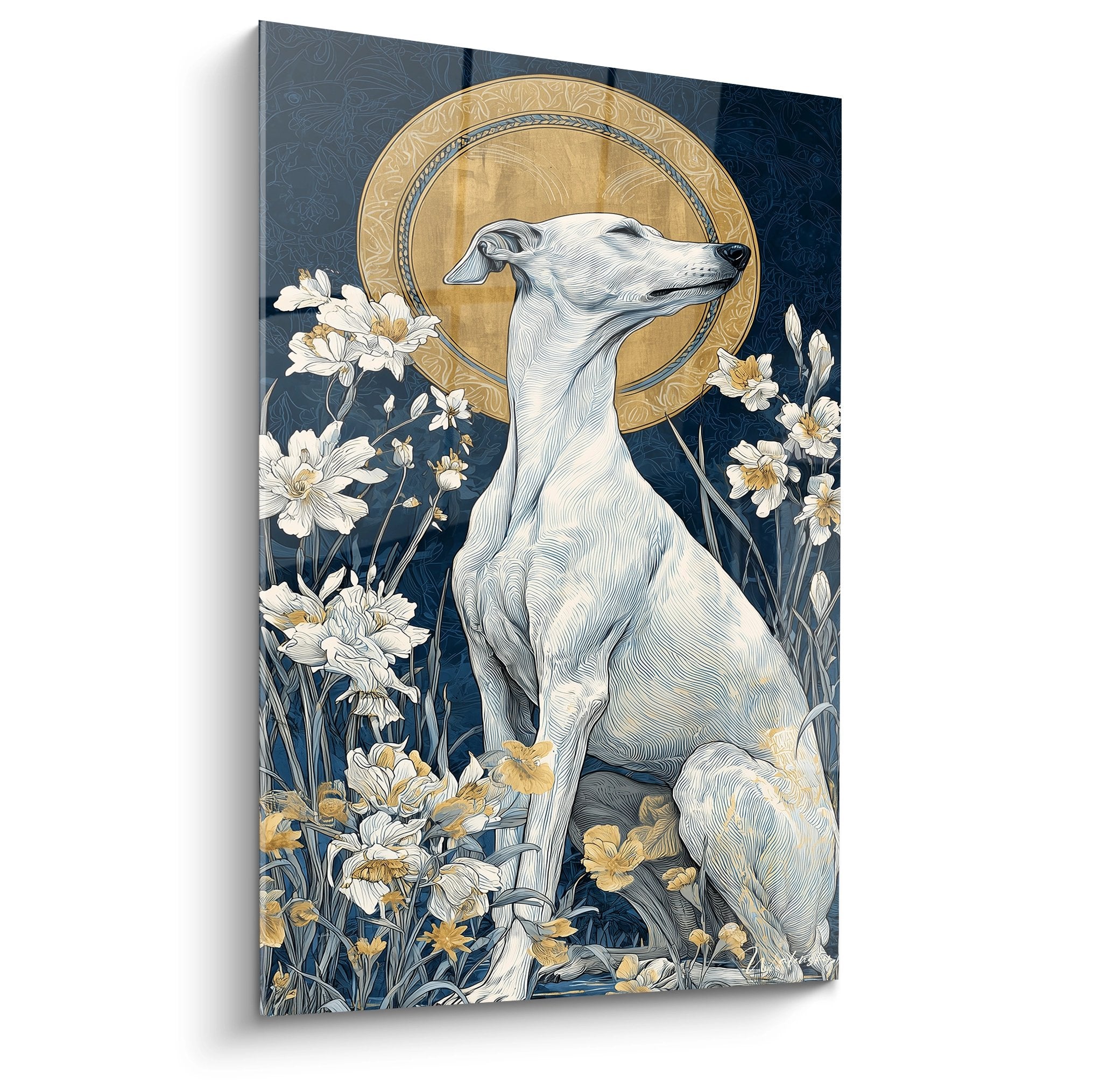 Tableau levrier whippet blanc aureole doree fond bleu marine fleurs blanches art sacre