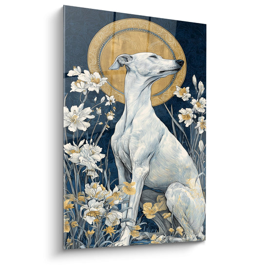 Weißes Whippet-Gemälde mit Goldenem Heiligenschein auf Marineblauen Grund - Heilige Anmut - Whippet-Edition