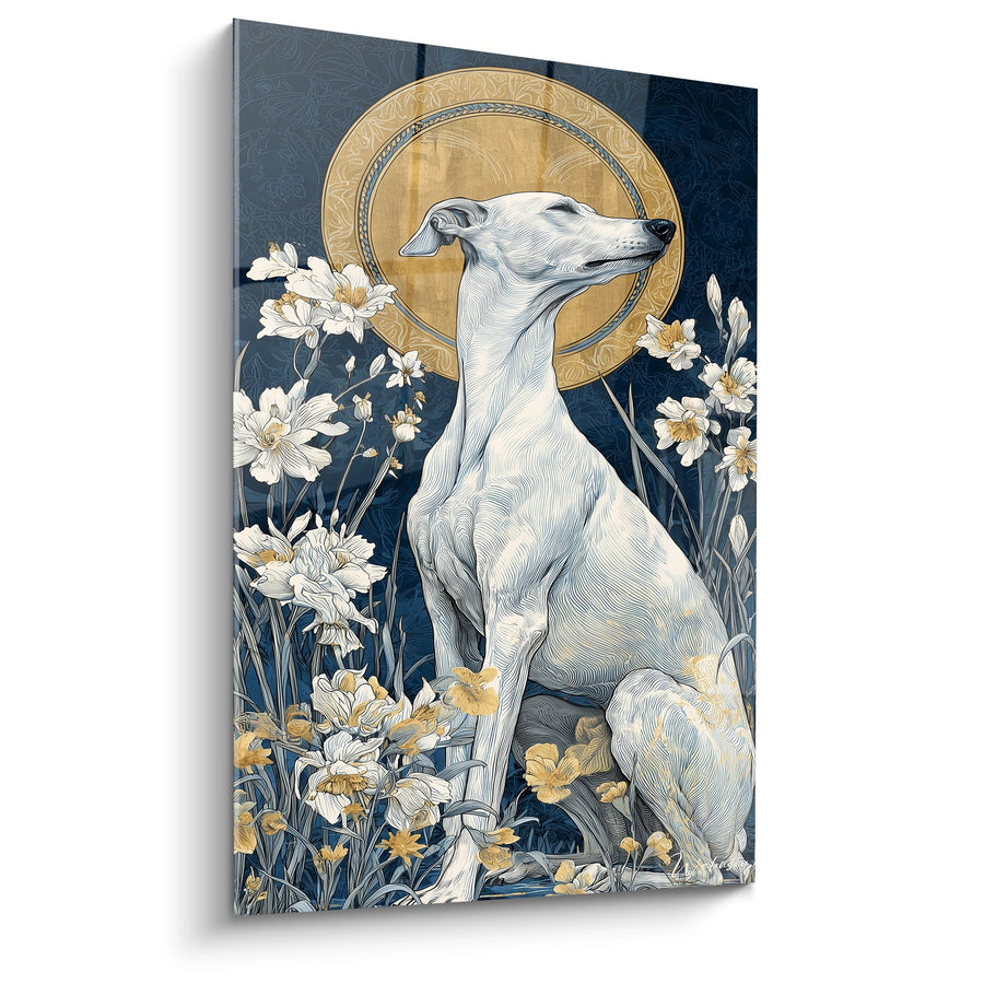 Tableau Lévrier Blanc à l'Auréole Dorée sur Fond Bleu Marine - Grâce Sacrée - Edition Lévrier Whippet