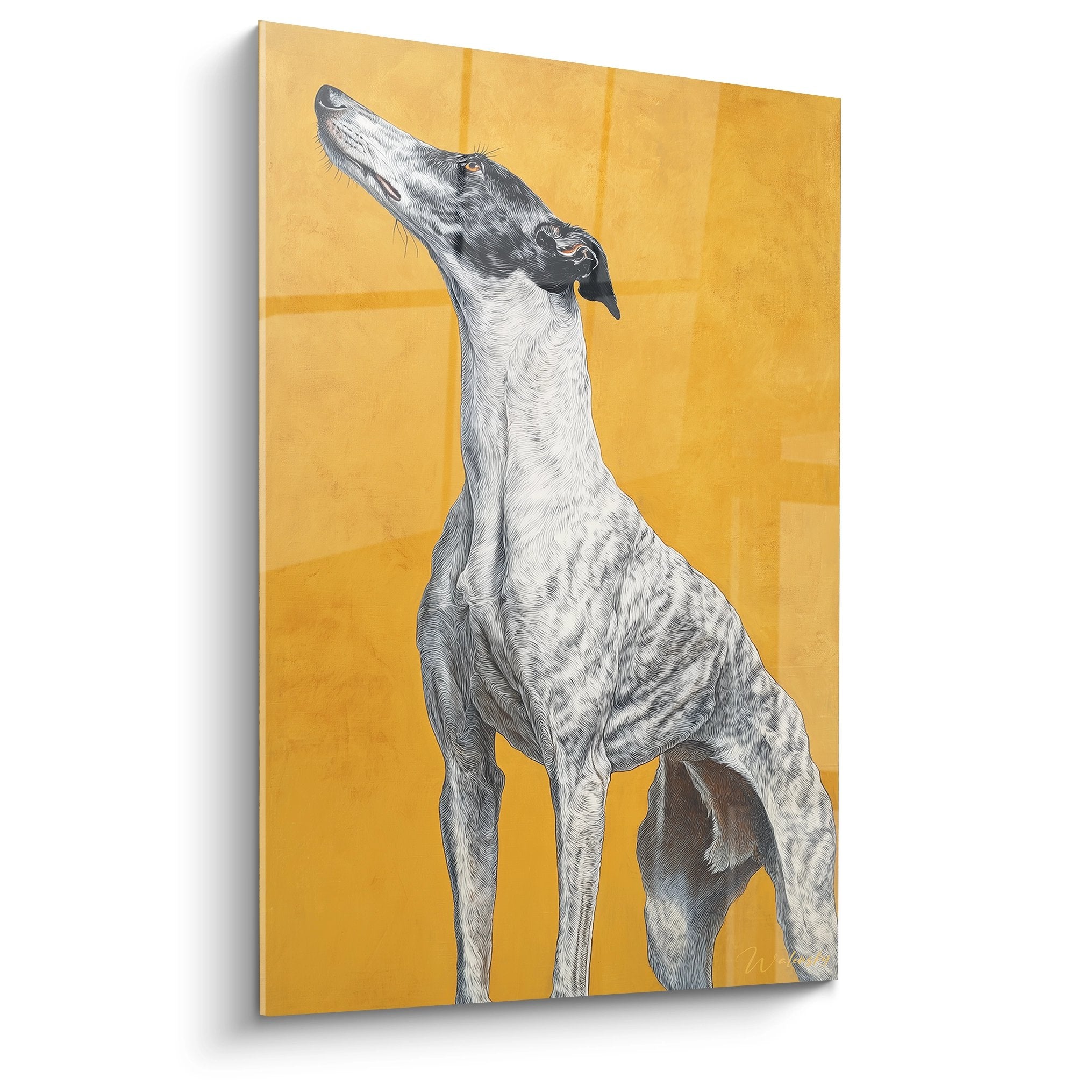 tableau levrier whippet blanc tete levee fond ocre dore art canin contemporain portrait elegant