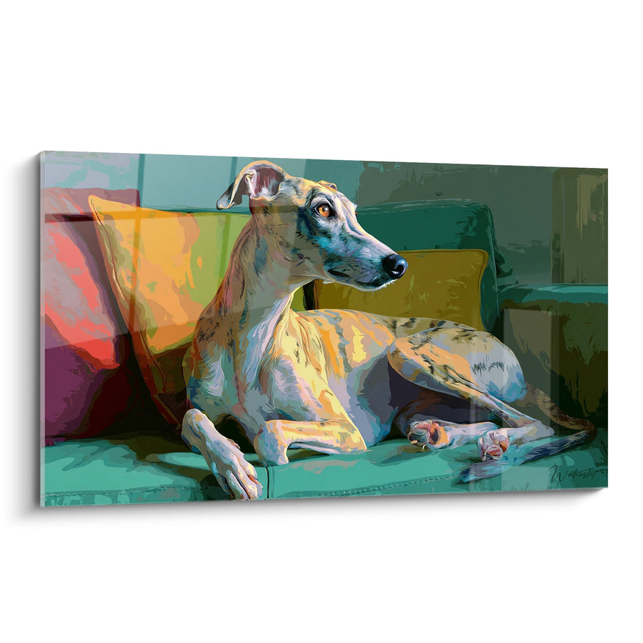 Tableau Lévrier Allongé sur Canapé Turquoise - Élégance Colorée - Edition Lévrier Whippet