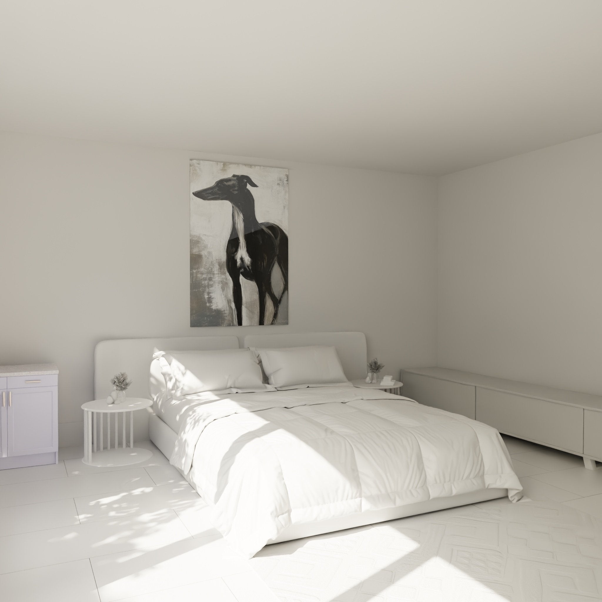Tableau Lévrier Whippet noir et blanc accroché dans chambre moderne, décoration murale élégante et apaisante