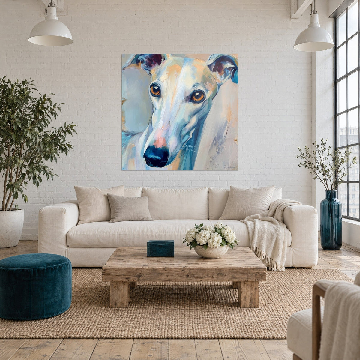 Wall art whippet greyhound with amber eyes, pink muzzle and glacier-blue shadows, painted in broad strokes, above a sofa in a bright living room