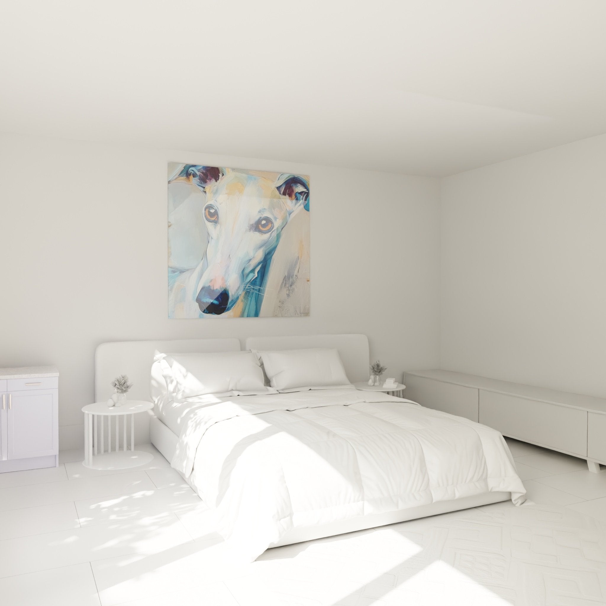 Tableau levrier whippet portrait yeux ambres dans chambre moderne decoration murale elegante