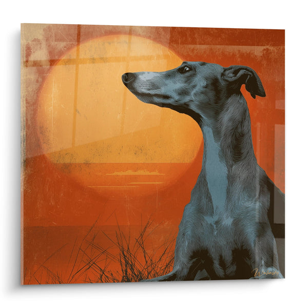 Schilderij Whippet Leeuwerik bij Zonsondergang - Contemplatieve Blik - Editie Whippet Leeuwerik