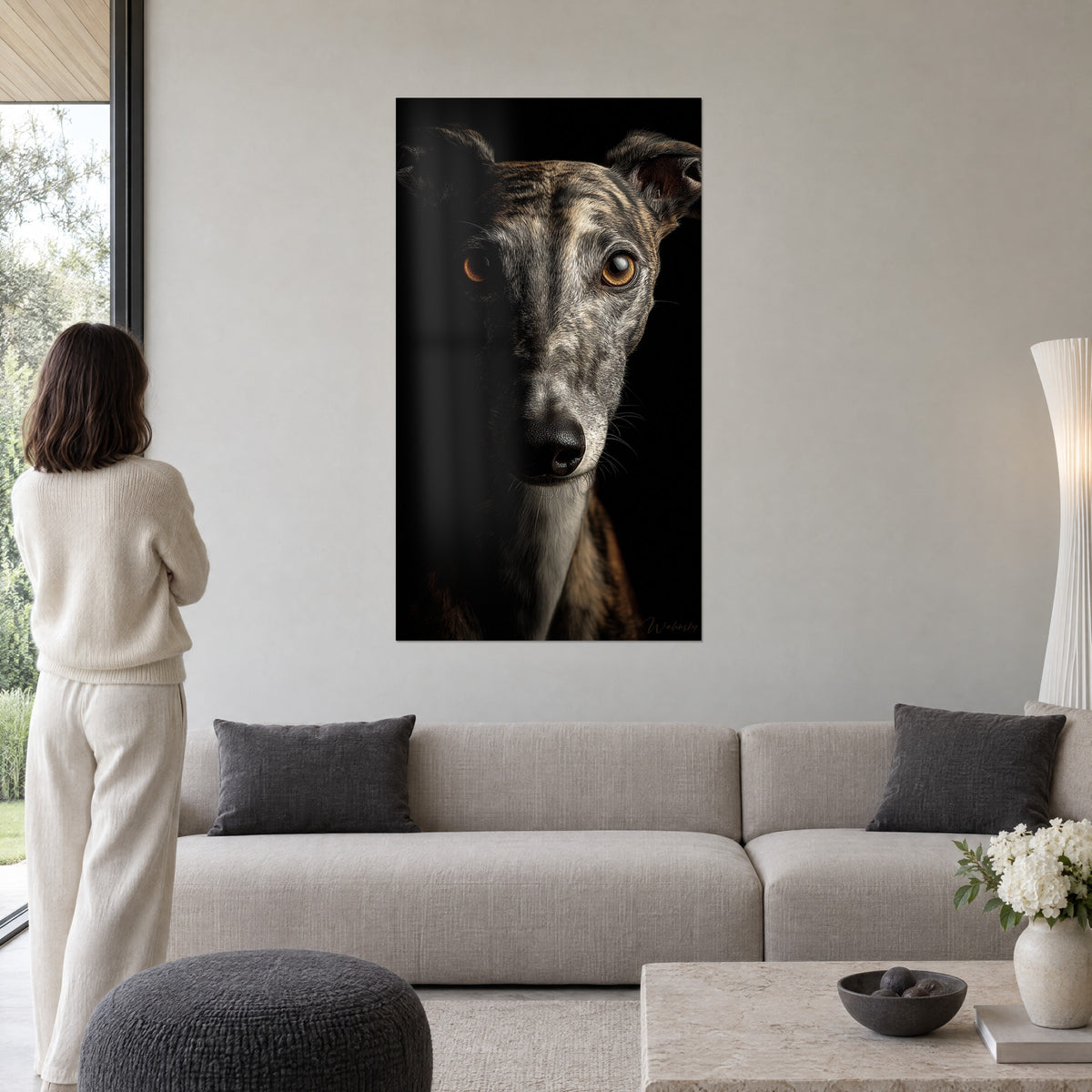Πίνακας ξανθό ιταλικό κυνηγόσκυλο whippet με πορτοκαλί-κεχριμπαρένια μάτια σε μαύρο φόντο, βλέπει μια γυναίκα από την πλάτη, πάνω από καναπέ σε φωτεινό σαλόνι