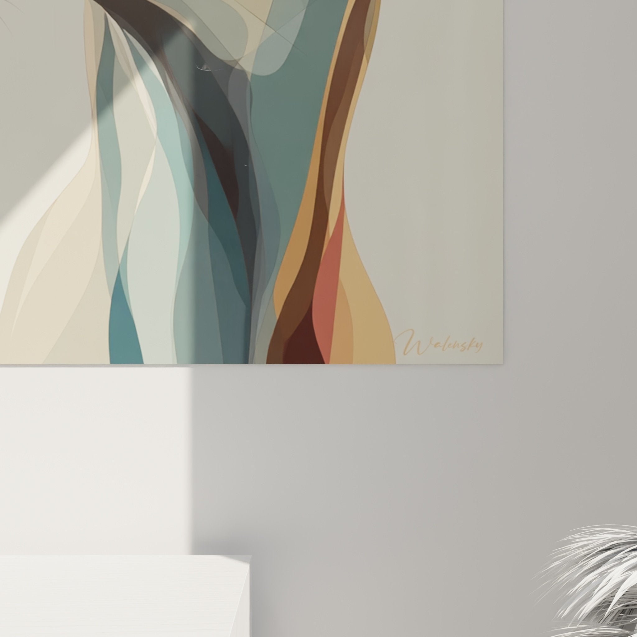 Vue d'ensemble du tableau lévrier whippet géométrique dans un intérieur contemporain épuré