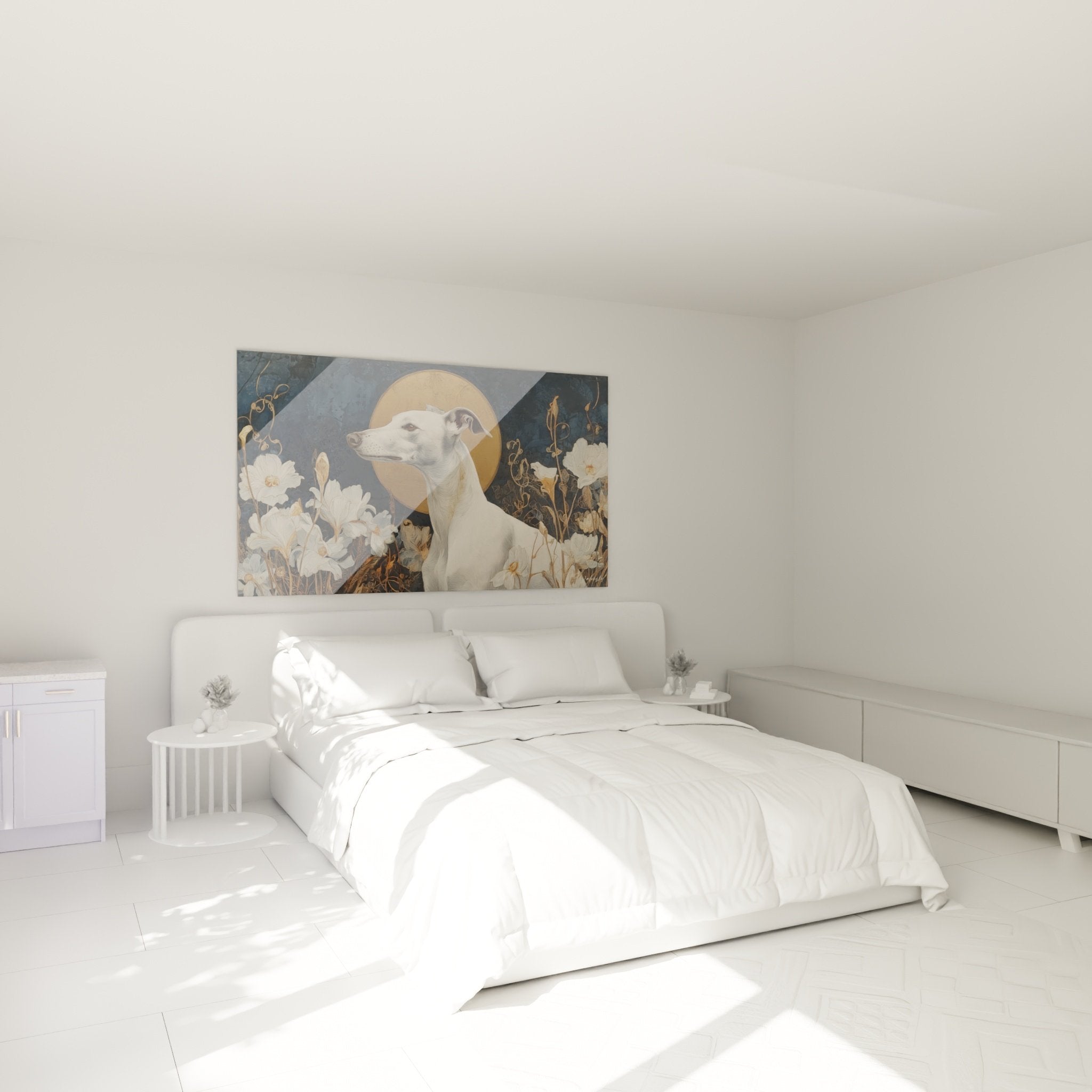 Tableau lévrier whippet mystique avec lys dans chambre moderne aux tons neutres