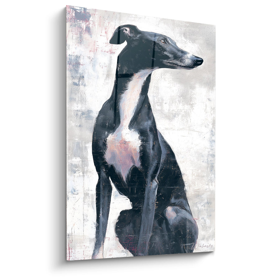 Tableau Lévrier Noir et Blanc Assis Profil - Portrait Élégant - Edition Lévrier Whippet
