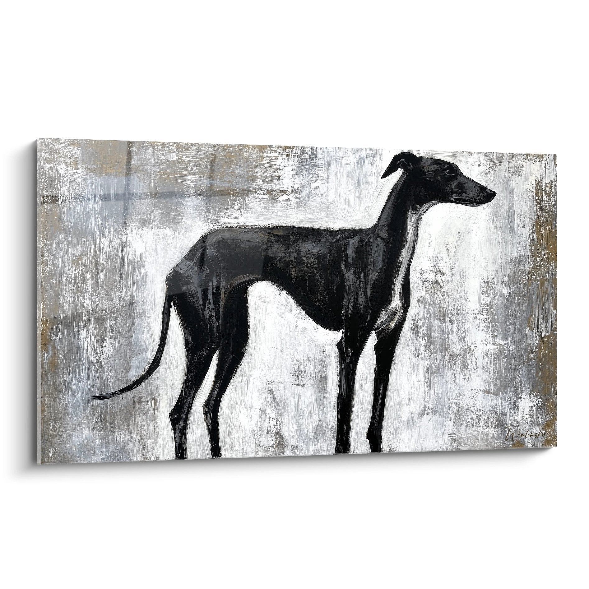 Tableau lévrier whippet noir élégant profil fond gris texturé peinture contemporaine déco murale