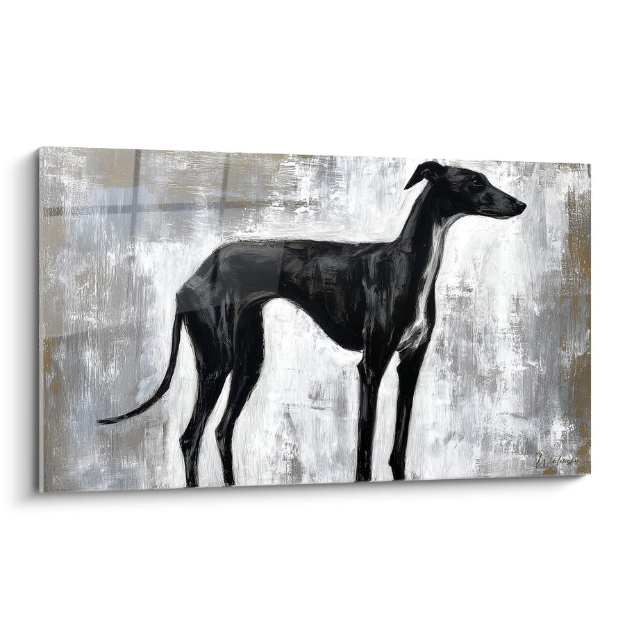 Tableau Lévrier Noir Élégant sur Fond Gris Texturé - Silhouette Majestueuse - Edition Lévrier Whippet