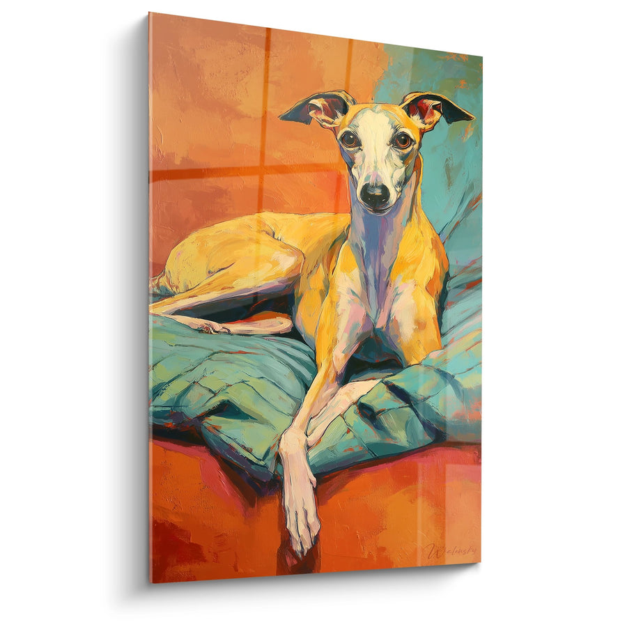 Tableau Lévrier Allongé aux Tons Orangés et Turquoise - Élégance Colorée - Edition Lévrier Whippet