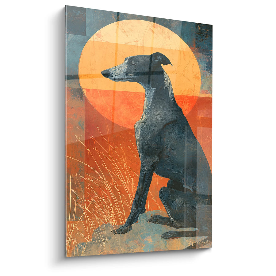 Tableau Lévrier Noir sur Fond de Soleil Couchant - Silhouette Élégante - Edition Lévrier Whippet