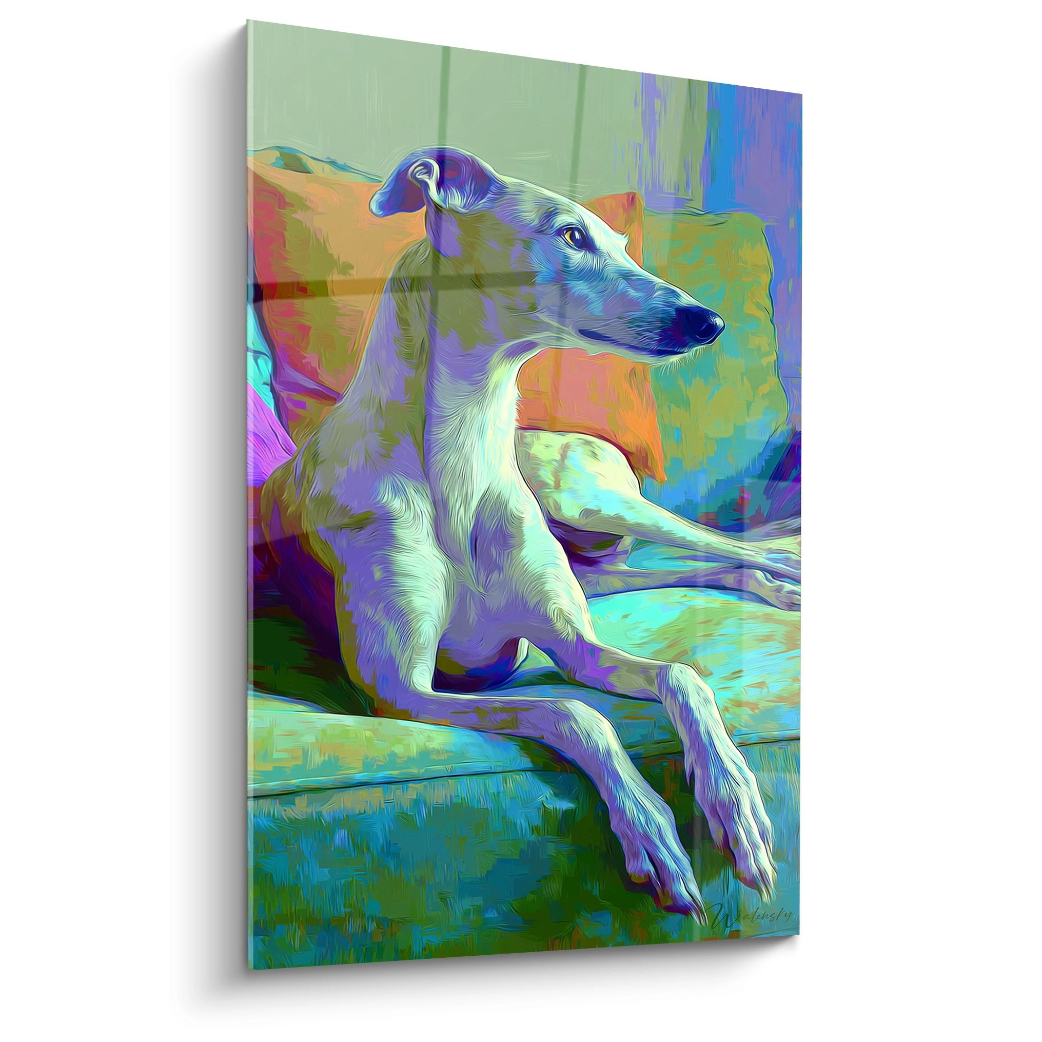 Tableau artistique de Lévrier Whippet aux couleurs violettes et turquoise dans un style numérique moderne