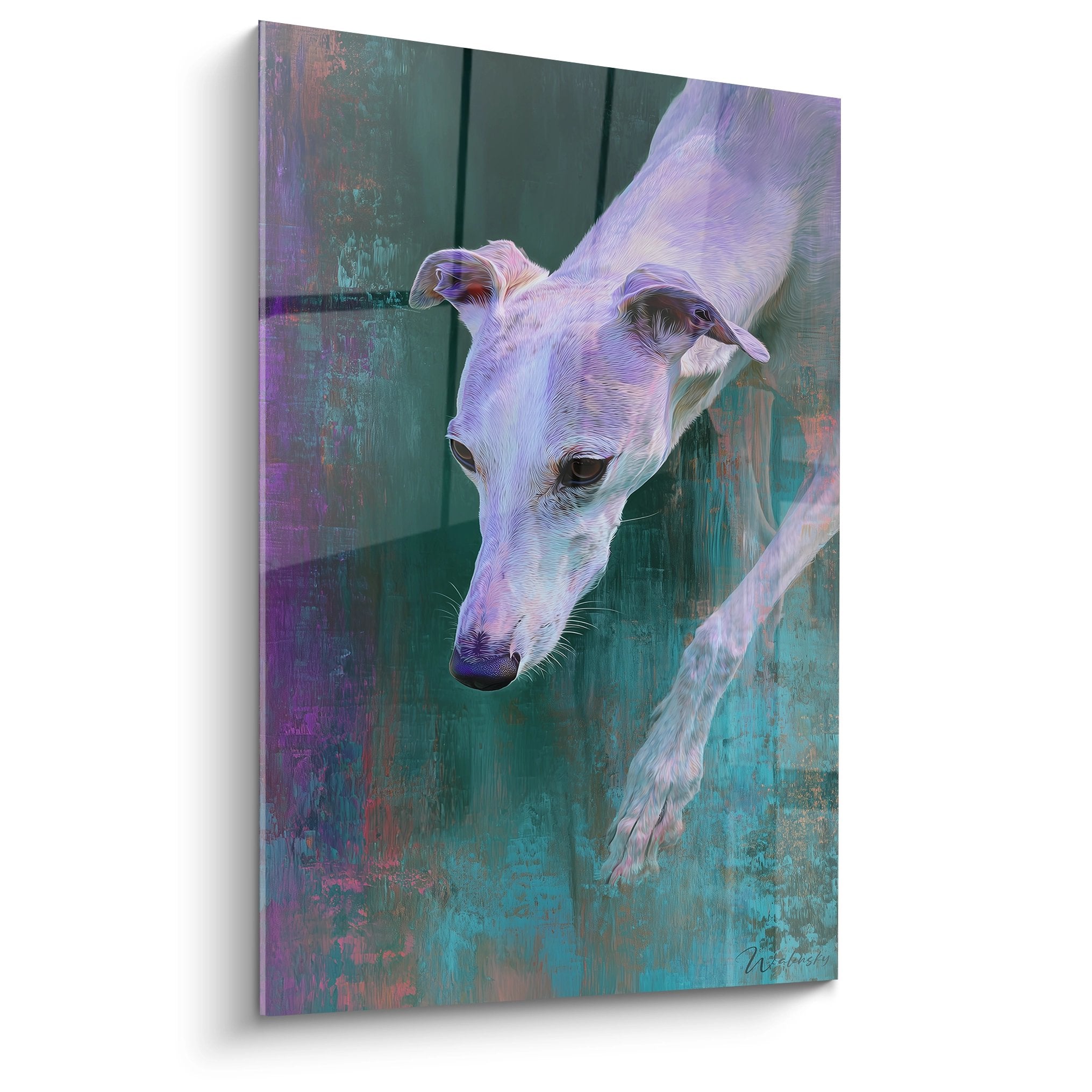 tableau artistique levrier whippet portrait violet turquoise moderne contemplatif decoration murale