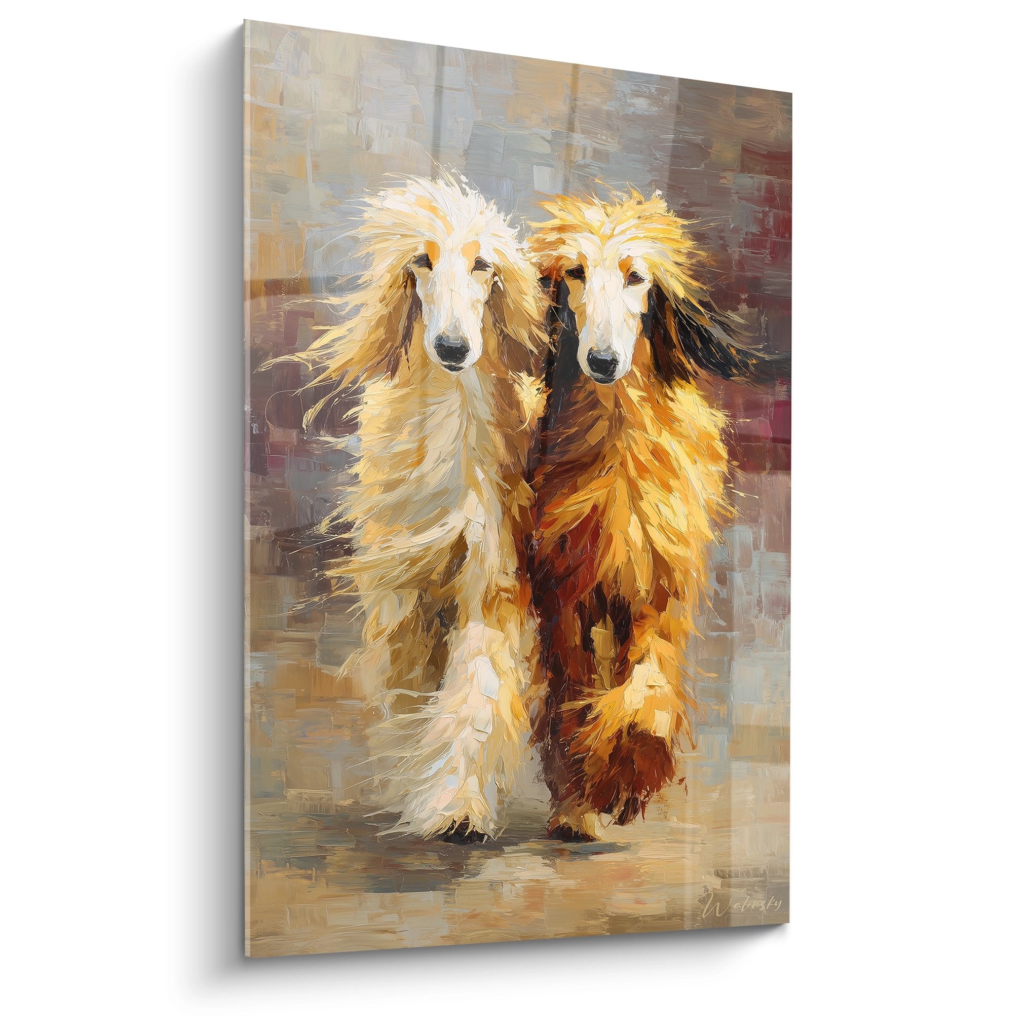 Tableau peinture deux levriers afghans dores pelage soyeux tons ocre beige art canin elegant