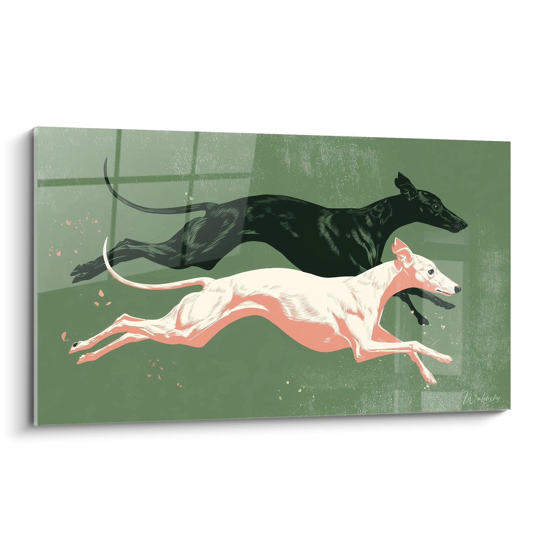 Tableau artistique deux lévriers whippets en course noir et blanc fond vert sauge moderne