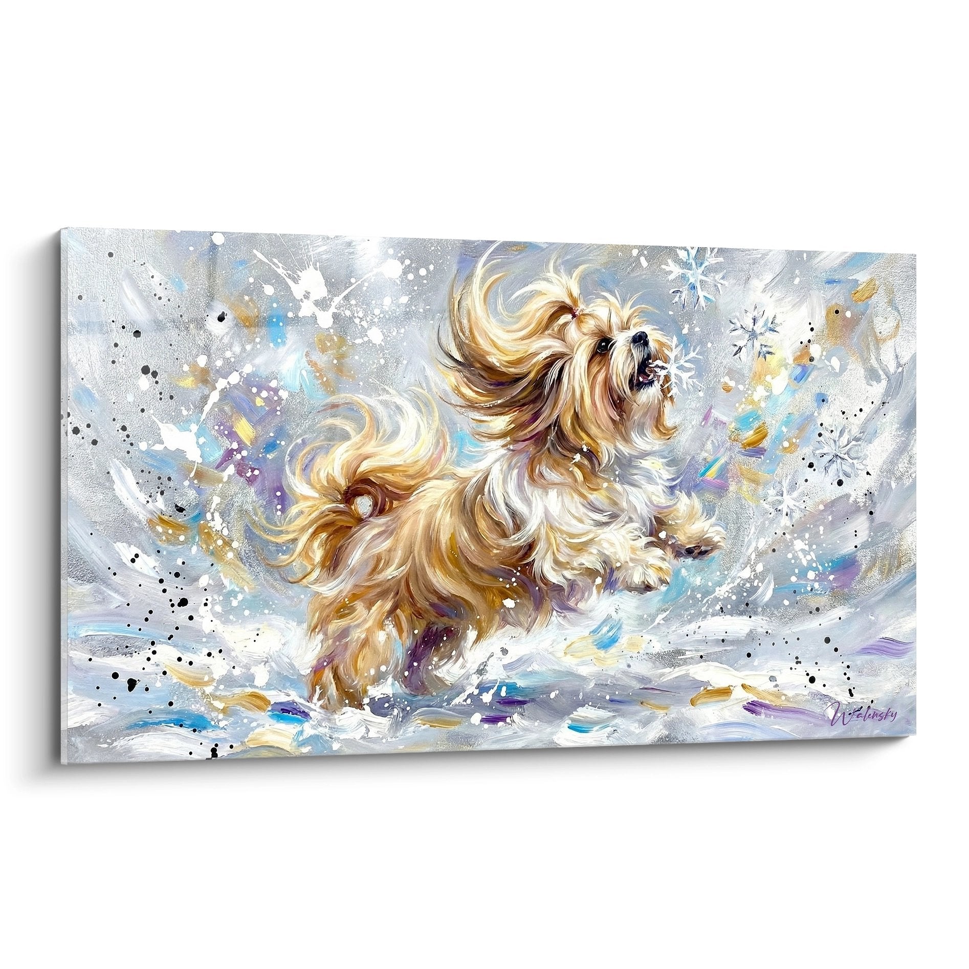Tableau artistique Lhassa Apso en mouvement avec éclaboussures colorées turquoise et dorées sur fond gris