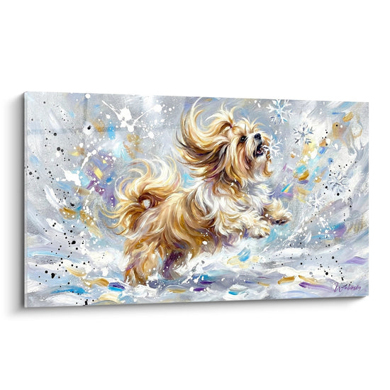 Quadro artistico Lhassa Apso in movimento con schizzi colorati turchese e dorati su sfondo grigio