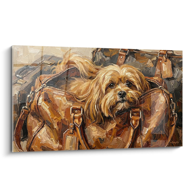 Tableau Lhassa Apso aux Tons Dorés Parmi les Bagages en Cuir - Compagnon de Voyage - Edition Lhassa Apso