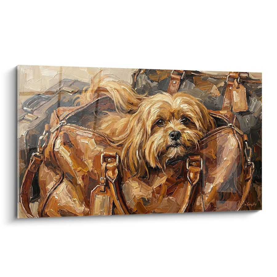 Tableau Lhassa Apso aux Tons Dorés Parmi les Bagages en Cuir - Compagnon de Voyage - Edition Lhassa Apso