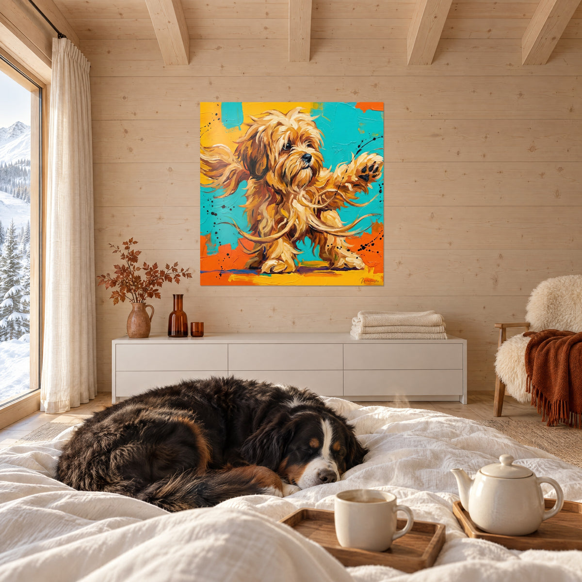 Πίνακας Lhasa Apso σε πλήρη χορευτική κίνηση, τρίχωμα χρώματος μελιού και έντονο τυρκουάζ φόντο, πάνω από κρεβάτι σε φωτεινή κρεβατοκάμαρα
