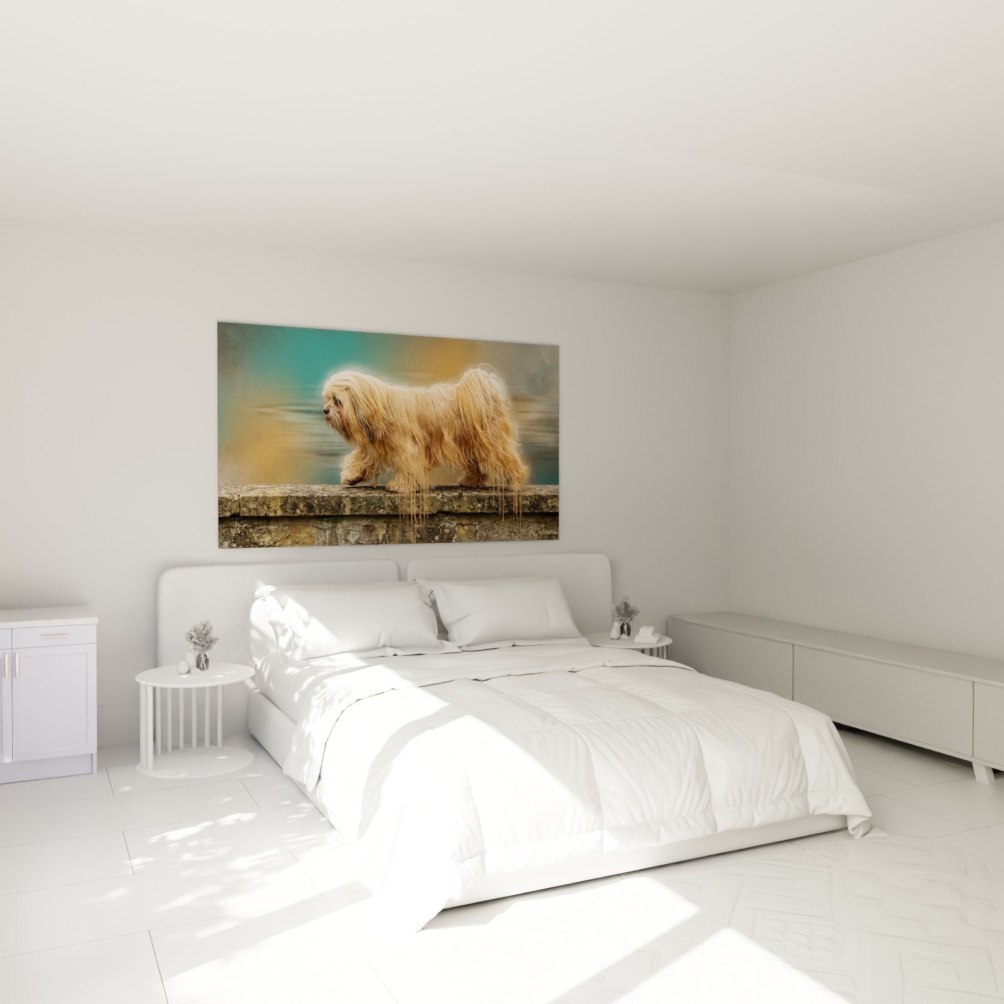 Tableau Lhassa Apso dore accroche au mur chambre ambiance chaleureuse decoration canine